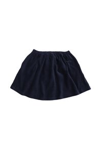 Marineblauem Cordrock mit elastischem Bund, ausgestelltem Design und weicher Textur. Verfügt über geraffte Falten rund um die Taille.