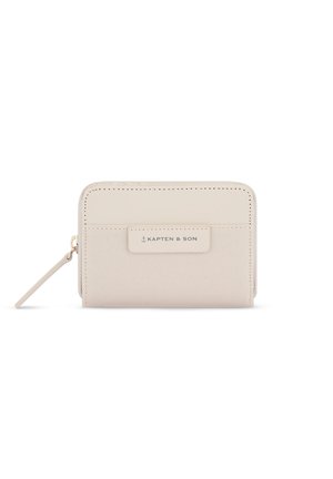 Compact beige wallet with textured fabric and smooth upper section, zipper closure, and Kapten & Son logo plaque on front.