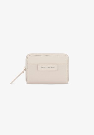 Compact beige wallet with textured fabric and smooth upper section, zipper closure, and Kapten & Son logo plaque on front.