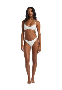 White bikini set featuring a scoop neck top and low-rise bottoms. Smooth, stretchy fabric with minimal seams and no visible patterns.