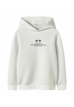 Sweat à capuche blanc avec texte noir « HOTEL DE JARDINES ANTIGUOS » et deux petites icônes de palmiers sur la poitrine.