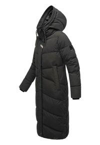 Long black puffer coat with a hood. Quilted design, elastic cuffs, front pockets, and a zipper with a snap-button closure.