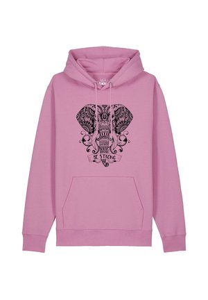 Pinkes Hoodie mit einer detaillierten schwarzen Elefantengrafik und dem Satz "Be Strong" unter dem Design in der Mitte vorne.
