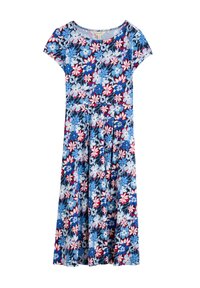 Floral dress featuring a blue background with red and white flowers. Short sleeves, round neckline, and pleated skirt design. Cotton material.