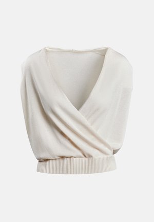 Krém színű ujjatlan kötött felső mély V-nyakkivágással és széles bordázott szegéllyel, redőzött átfedő elemmel kialakítva.