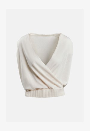 Top tricotat fără mâneci, de culoare crem, cu decolteu adânc în V și tiv lat cu nervuri, conceput într-un stil cu partea din față suprapusă și drapată.