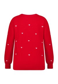 Pull rouge avec un col rond, des manches longues et de petits motifs de cœurs blancs espacés uniformément au dos. Texture tricotée.