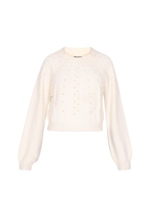 Pulover scurt de culoare crem, cu mâneci lungi tip puff, având modele texturate de cabluri și mici mărgele decorative pe față.