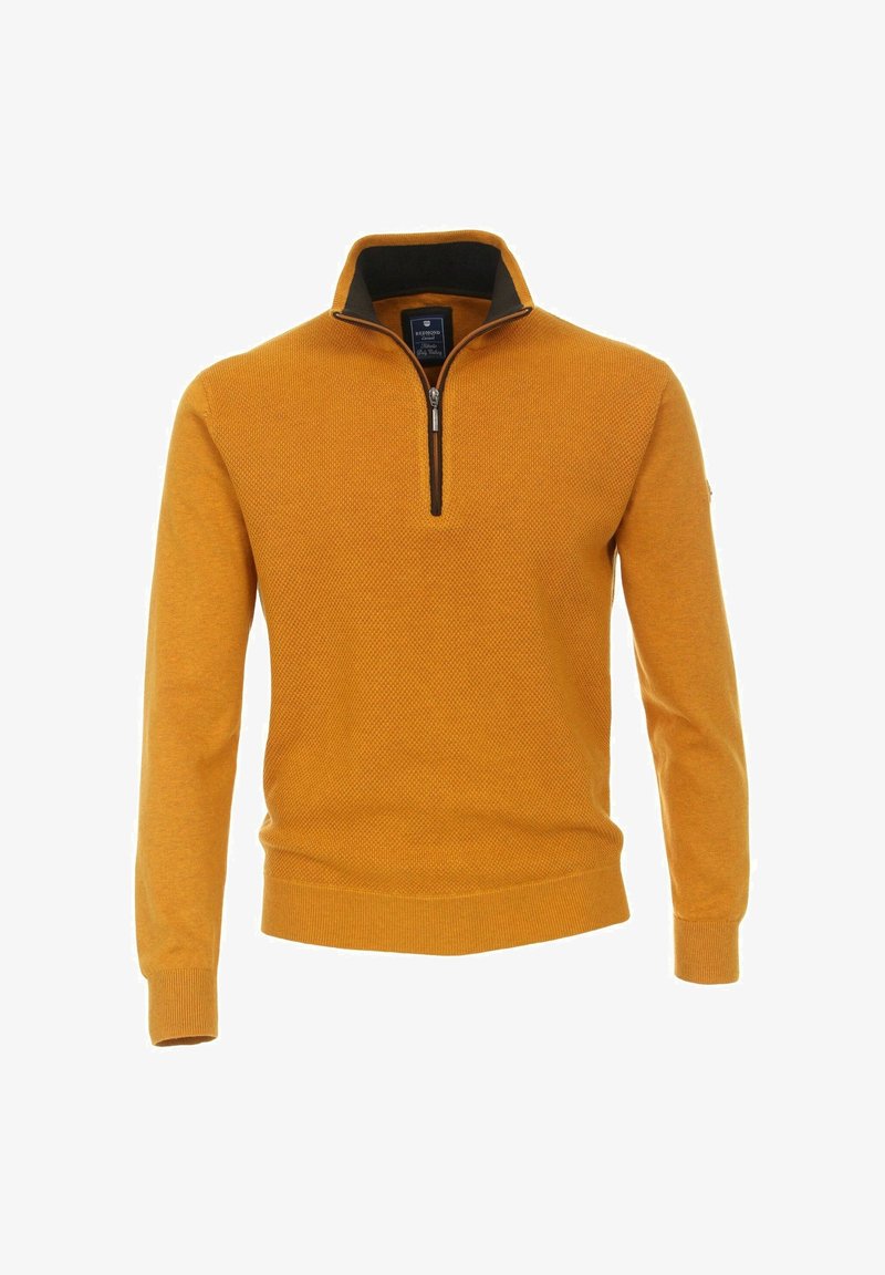 Pull en maille jaune moutarde pour homme avec col zippé au milieu et poignets et ourlet côtelés.
