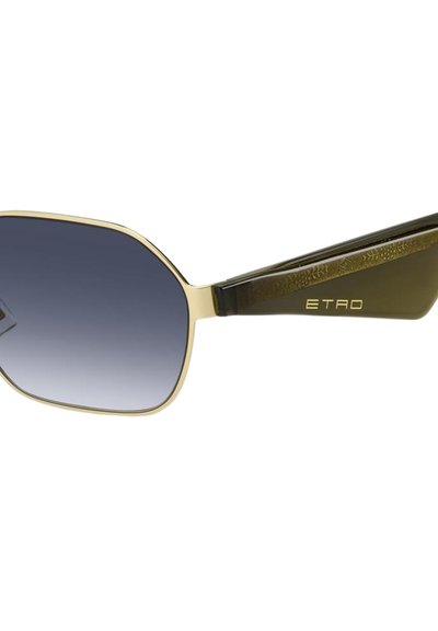 Lunettes de soleil à monture dorée avec des verres dégradés foncés, de forme carrée, et des branches vert foncé ornées d'un motif subtil.