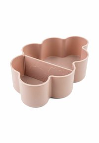 Storage box in soft pink plastic, cloud-shaped with two compartments separated by a central divider featuring cloud patterns on its surface.