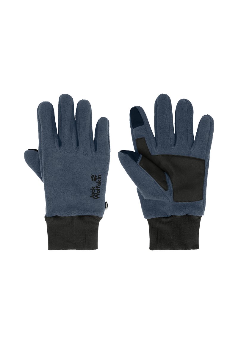 Guanti in pile di colore blu navy con polsini neri. Presentano una toppa testurizzata sul palmo e dettagli con il logo. Progettati per vestire bene e garantire comfort.