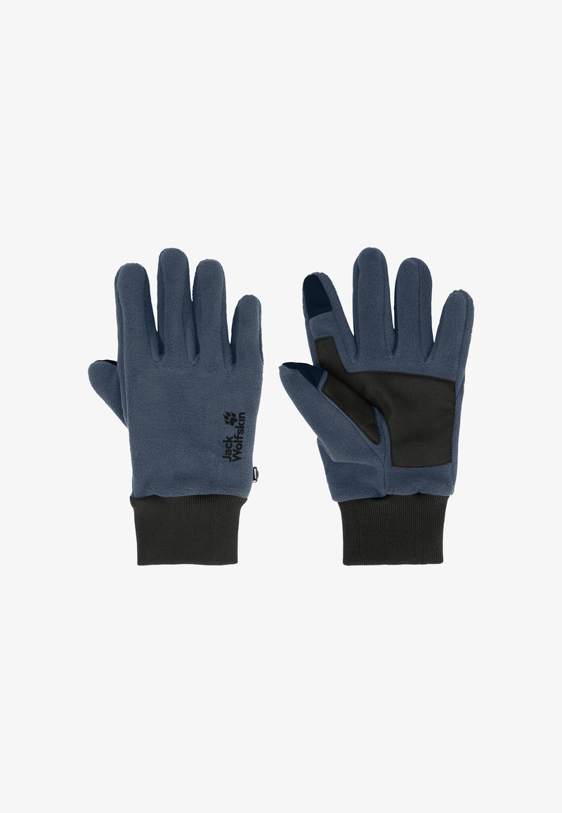 Fleece-Handschuhe in Marineblau mit einem schwarzen Bündchen am Handgelenk. Verfügt über ein strukturiertes Handflächen-Patch und ein Logodetail. Entworfen für Passform und Komfort.