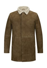 Brauner Schafsledermantel mit einer weichen, strukturierten Außenseite, einem kuscheligen Kragen und Seitentaschen mit kontrastierendem Stich.