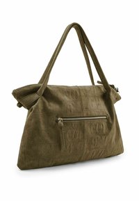 Olijfgroene handtas van kunstleer met een gestructureerd krokodillenpatroon, twee lange riemen en een voorvak met ritssluiting. Gladde afwerking.