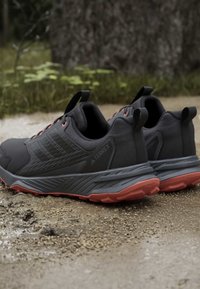 Chaussures de trail Adidas Terrex noires et rouges reposant sur un sentier extérieur humide et rocheux avec de l’herbe et de l’écorce d’arbre en arrière-plan.