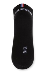 Calcetín negro de algodón hasta el tobillo con el texto "SPORT" en blanco en el puño y un acento de rayas rojas, blancas y azules en la parte superior.