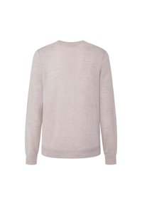 Maglione grigio chiaro realizzato in un morbido tessuto testurizzato. Presenta maniche lunghe e un collo rotondo con orlo e polsini a coste.