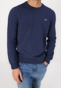 Marinblå stickad tröja med långa ärmar och rund halsringning. Har en liten grön logotyp på bröstet och en strukturerad yta.