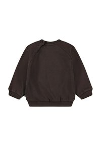 Sudadera de algodón marrón con cuello redondo, mangas raglán y botones a presión en el hombro. Puños y bajo acanalados; textura suave.