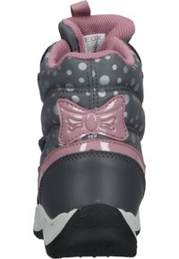 Stivaletto per bambini grigio e rosa con un materiale liscio a pois bianchi, un dettaglio a fiocco e una suola testurizzata con scanalature.