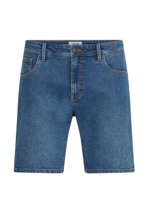 Modré džíny s krátkými kalhotami, přední knoflíky a zipem, poutky na pásek a kapsami, zobrazené na bílém pozadí.