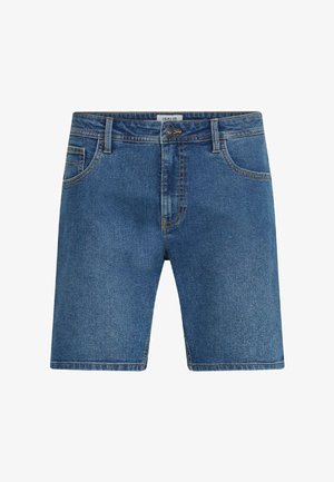 Modré džíny s krátkými kalhotami, přední knoflíky a zipem, poutky na pásek a kapsami, zobrazené na bílém pozadí.