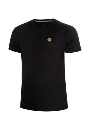Schwarzes Kurzarm-T-Shirt mit Rundhalsausschnitt und kleinem gelbem rundem Logo auf der linken Brust.