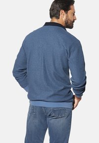 Blue sweater with a collar and ribbed cuffs, featuring a textured fabric. Paired with light blue jeans, viewed from the back.