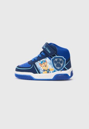 Blue high-top sneakers featuring a character graphic on the side, Velcro strap, and rubber sole with textured accents.