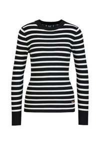 Schwarz-weiß gestreifter, langärmeliger, gerippter Pullover mit rundem Ausschnitt und schmaler Passform; verfügt über einen kleinen goldenen Akzent auf der unteren Seite.
