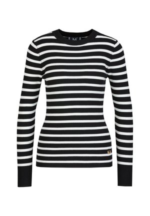 Zwart-witte gestreepte lange mouw ribgebreide trui met ronde hals en slim fit; heeft een kleine gouden accent aan de onderzijde.
