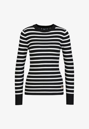 Pull à rayures noires et blanches à manches longues en maille côtelée avec un col rond et une coupe ajustée ; présente un petit accent doré sur le côté inférieur.