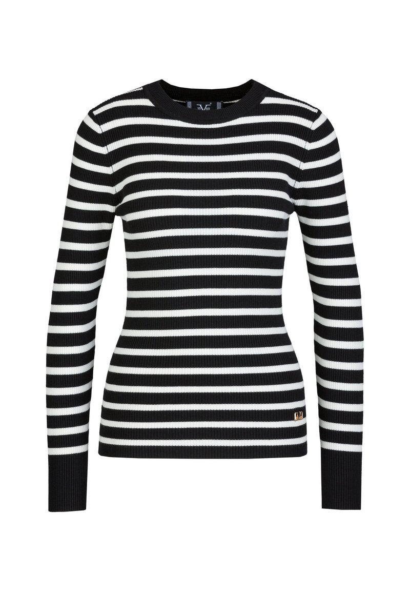 Schwarz-weiß gestreifter, langärmeliger, gerippter Pullover mit rundem Ausschnitt und schmaler Passform; verfügt über einen kleinen goldenen Akzent auf der unteren Seite.