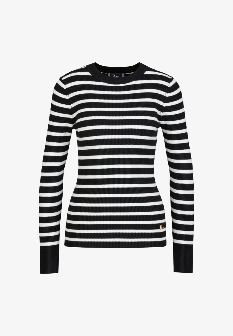 Schwarz-weiß gestreifter, langärmeliger, gerippter Pullover mit rundem Ausschnitt und schmaler Passform; verfügt über einen kleinen goldenen Akzent auf der unteren Seite.