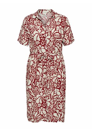 Červené a biele šaty s krátkym rukávom dĺžky po kolená s kvetinovým vzorom, zapínaním na gombíky vpredu, golierom a opaskom na zaväzovanie v páse.