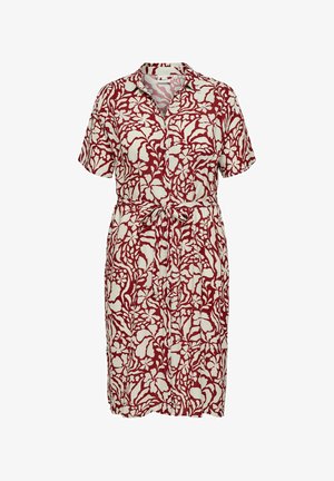 Rød og hvid knælængde kjole med korte ærmer, blomsterprint, knapper foran, krave og bælte i taljen.