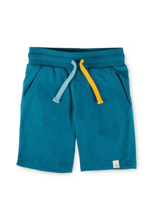 Pantaloncini per bambini blu verde acqua con elastico in vita, due tasche frontali, coulisse blu e gialle e una piccola etichetta beige sull'orlo.