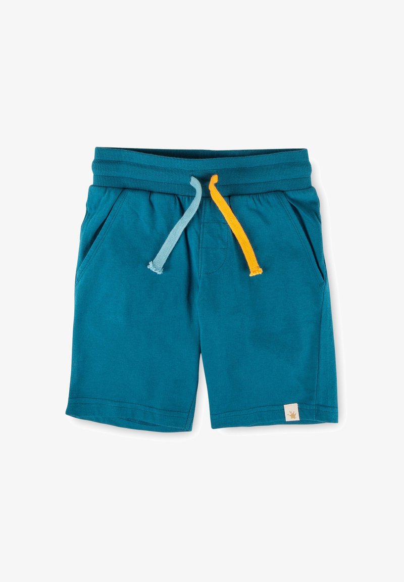 Shorts pour enfants bleu sarcelle avec taille élastique, deux poches avant, cordons de serrage bleus et jaunes, et une petite étiquette beige sur l'ourlet.