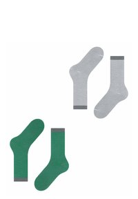 Grün und grau gestreifte Socken mit glatter Textur, gerippten Bündchen und einer Kombination aus einfarbigen und gestreiften Mustern.