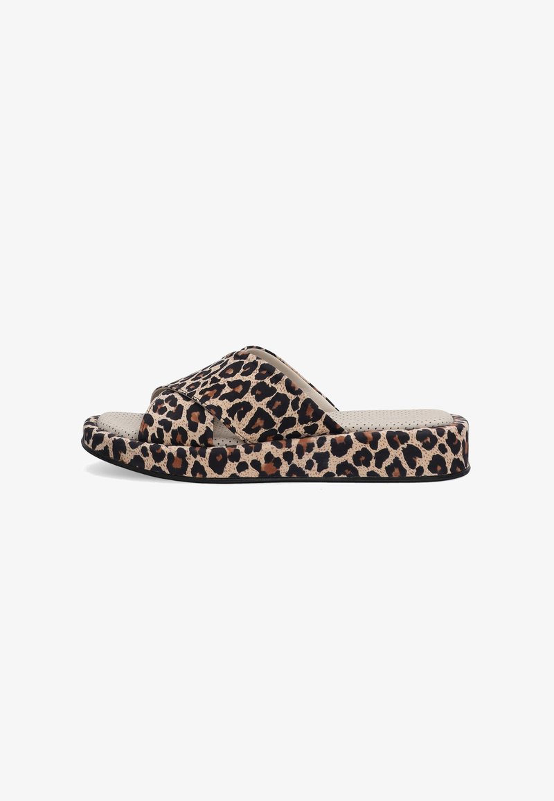 Leopard-print slidesandaler med et bredt tværbåndsdesign og tekstureret gummisål. Har en blød fodseng og let platform for komfort.