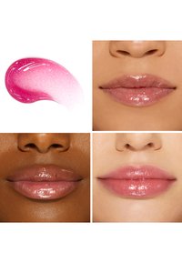 Glanzende lipgloss swatch in roze gradient; vier lippen in verschillende huidskleuren, elk met een glanzende afwerking, die diverse lipvormen en texturen tonen.