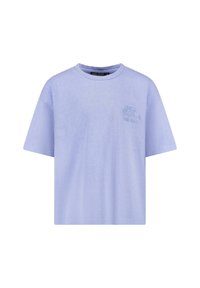 Lilac T-shirt met korte mouwen van katoen, voorzien van een ronde halslijn en reliëftekstlogo op de linkerborst. Zachte textuur, losse pasvorm.