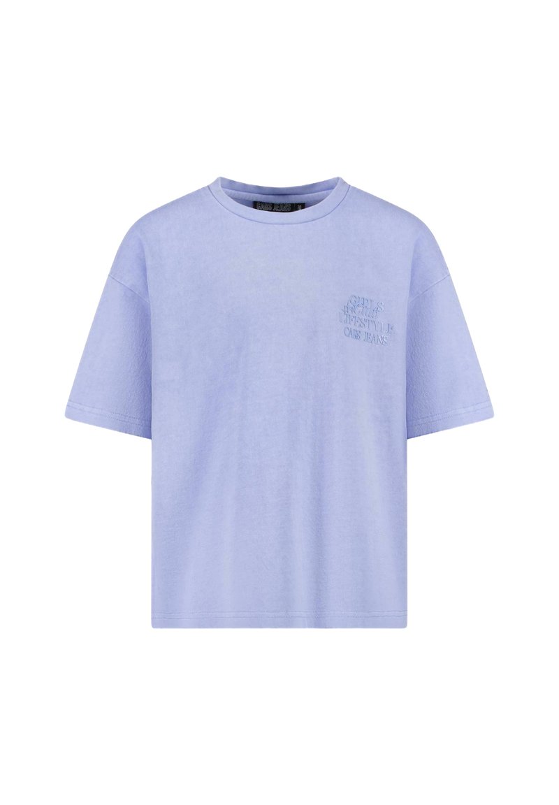 Lilac T-shirt met korte mouwen van katoen, voorzien van een ronde halslijn en reliëftekstlogo op de linkerborst. Zachte textuur, losse pasvorm.