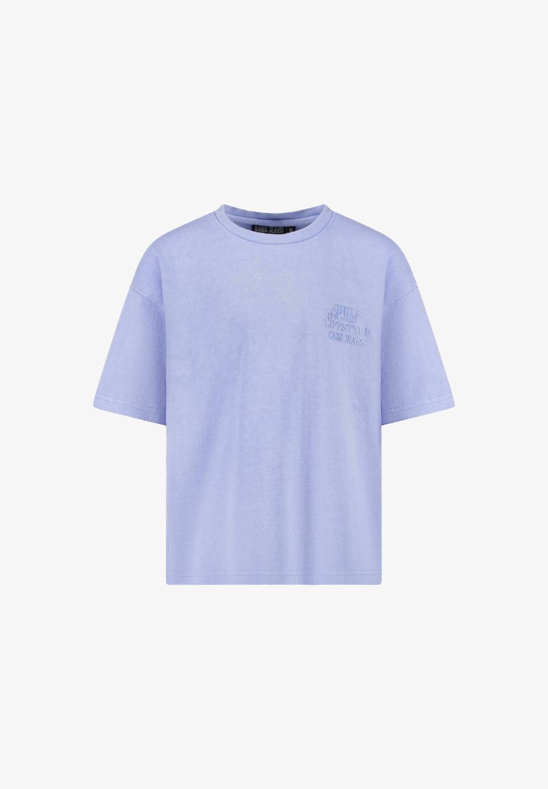 Lilac T-shirt met korte mouwen van katoen, voorzien van een ronde halslijn en reliëftekstlogo op de linkerborst. Zachte textuur, losse pasvorm.