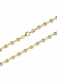 Goldkette mit ovalen Gliedern, einer strukturierten Oberfläche mit kreisförmigen Akzenten und einem Karabinerverschluss.