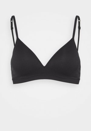 Czarny biustonosz w kształcie trójkąta z cienkimi regulowanymi ramiączkami, bezszwowym krojem i miękkiego materiału. Bez wyściółki i drutów, charakteryzujący się minimalistycznym stylem.