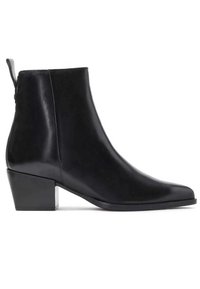 Black leather ankle boot with a pointed toe, low block heel, smooth texture, and a pull tab at the back for easy wear.