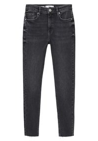 Jean skinny noir avec cinq poches, fermeture par bouton et ourlet brut.