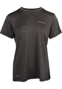 Mörkgrå sportt-shirt med korta ärmar, rund halsringning och en strukturerad väv. Har "ENDURANCE"-logotypen och texten "QUICK DRY" på fållen.
